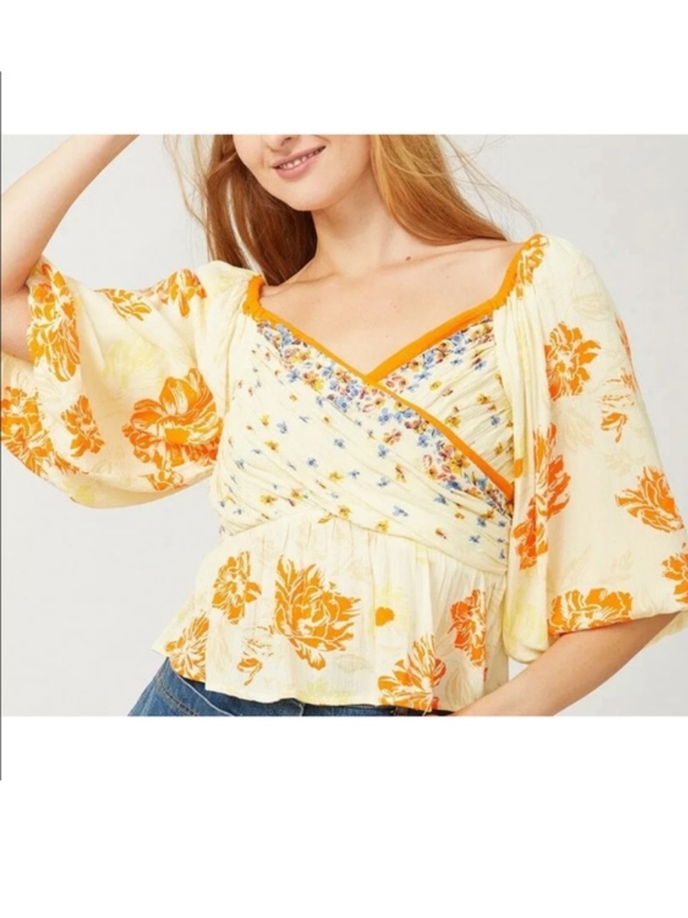 FREE PEOPLE Floral Wrap Peplum Top - Cream & Orange